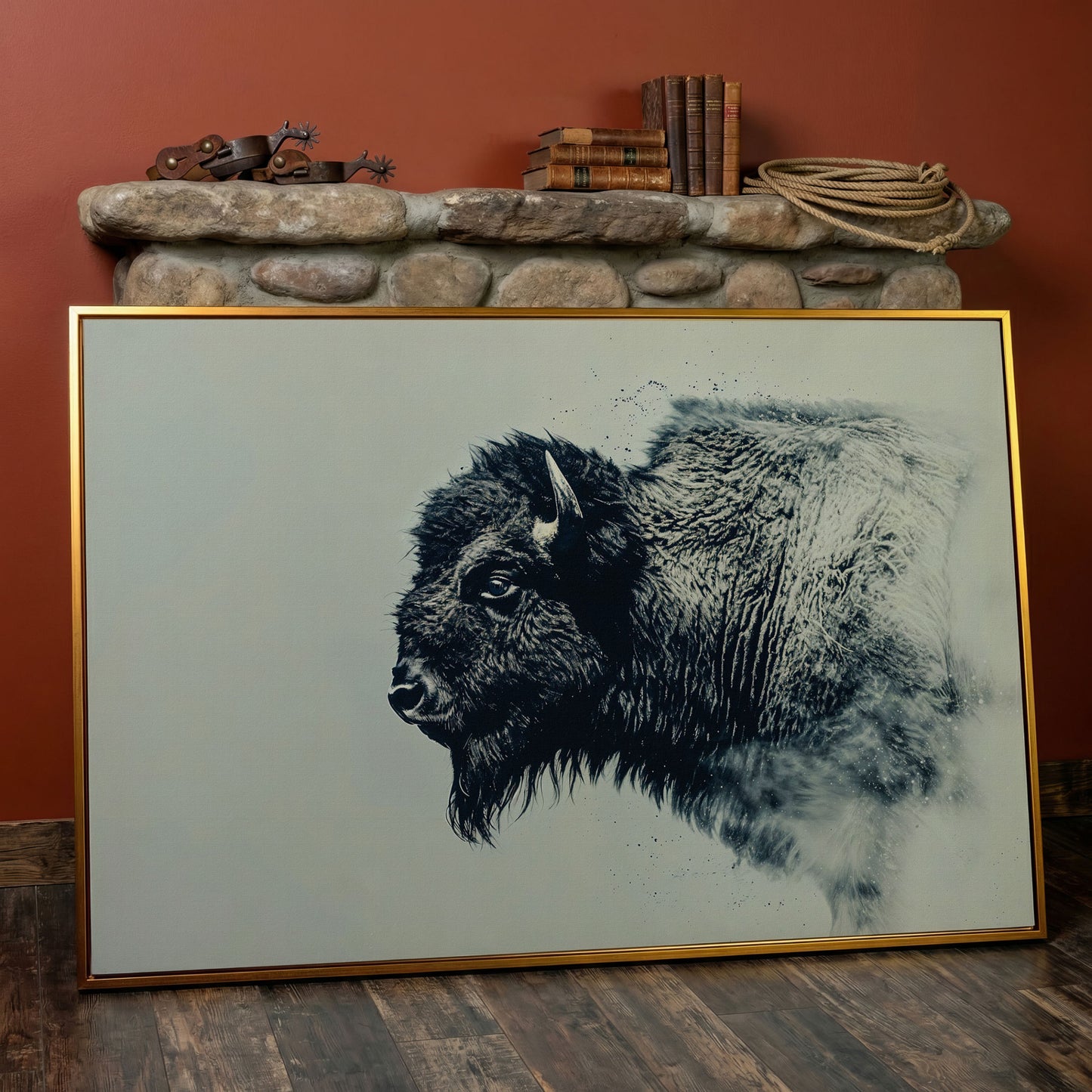 Bison Side Profile Canvas Print in Charcoal and Cream in antique gold floating frame