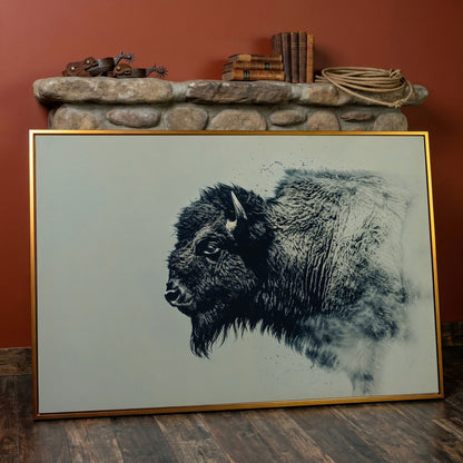 Bison Side Profile Canvas Print in Charcoal and Cream in antique gold floating frame