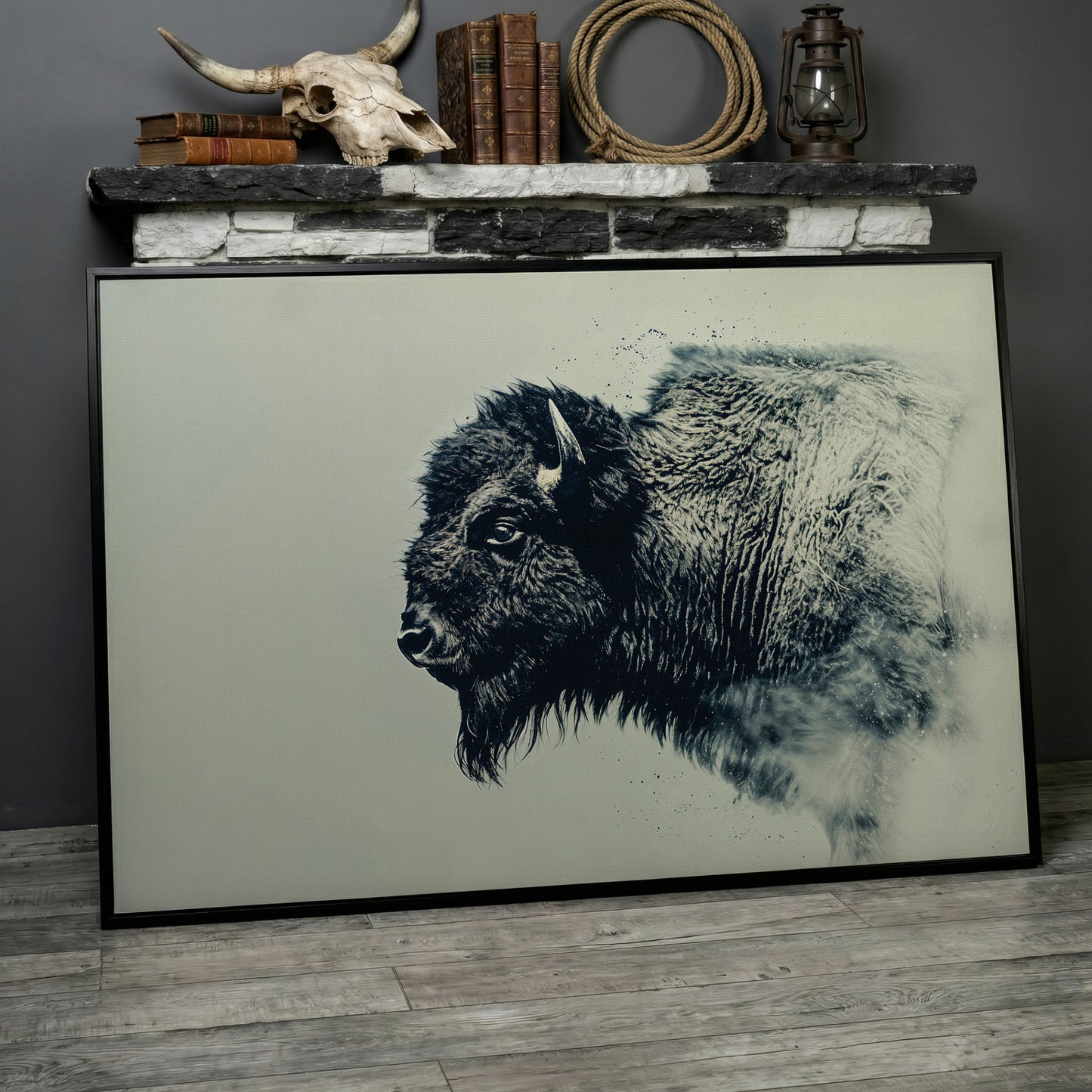 Bison Side Profile Canvas Print in Charcoal and Cream in black floating frame