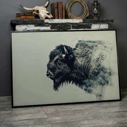 Bison Side Profile Canvas Print in Charcoal and Cream in black floating frame