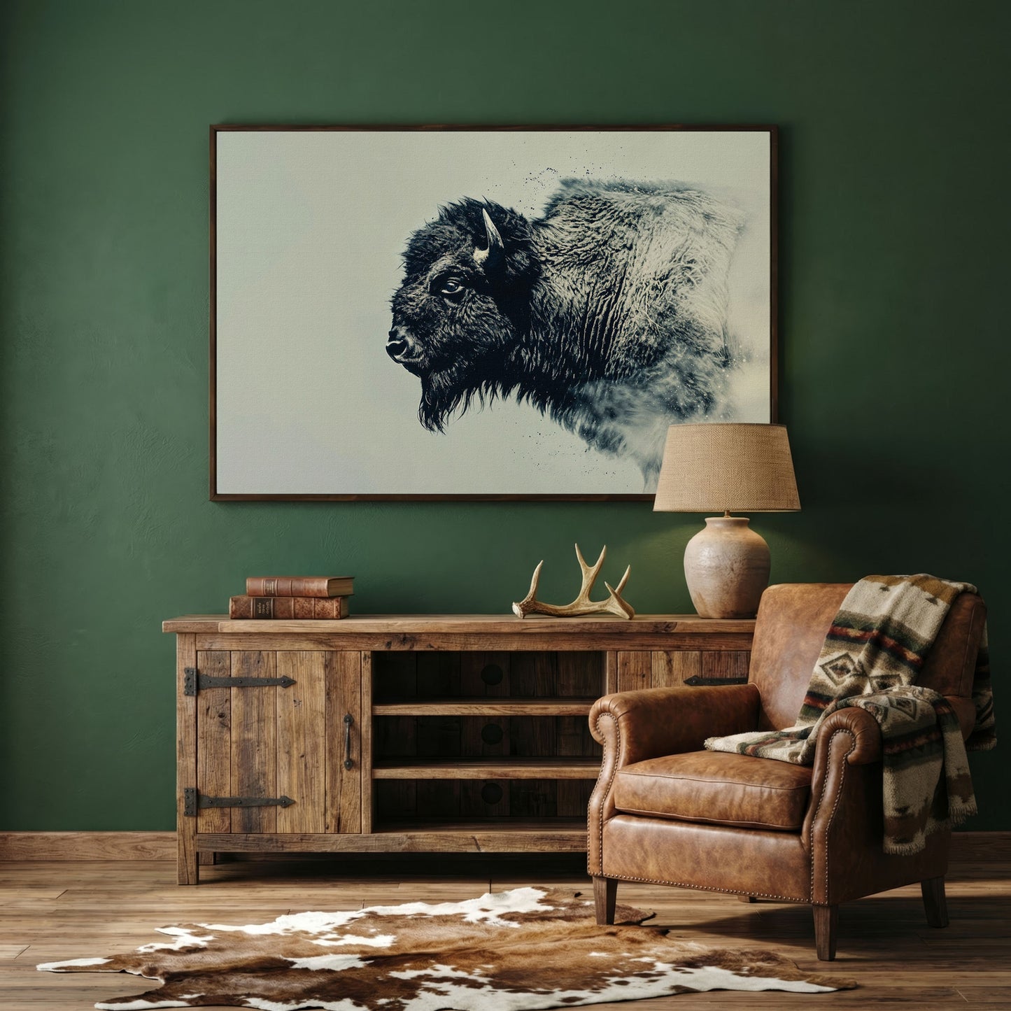Bison Side Profile Canvas Print in Charcoal and Cream in dark walnut floating frame