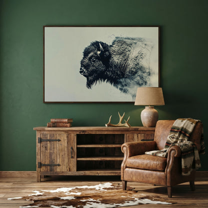 Bison Side Profile Canvas Print in Charcoal and Cream in dark walnut floating frame