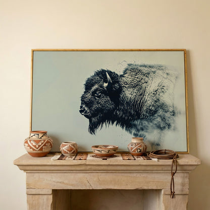 Bison Side Profile Canvas Print in Charcoal and Cream in white oak floating frame