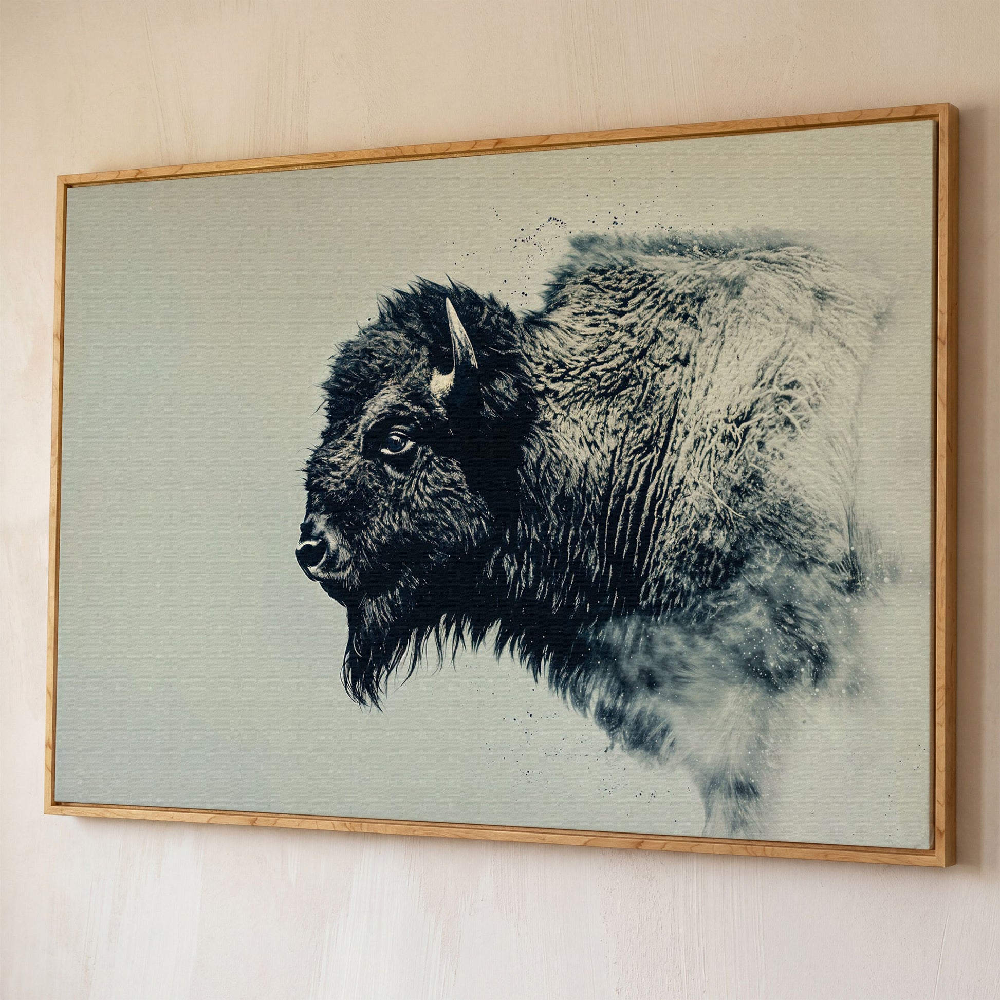Bison Side Profile Canvas Print in Charcoal and Cream shown in white oak floating frame