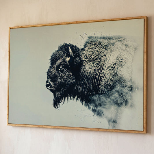Bison Side Profile Canvas Print in Charcoal and Cream shown in white oak floating frame