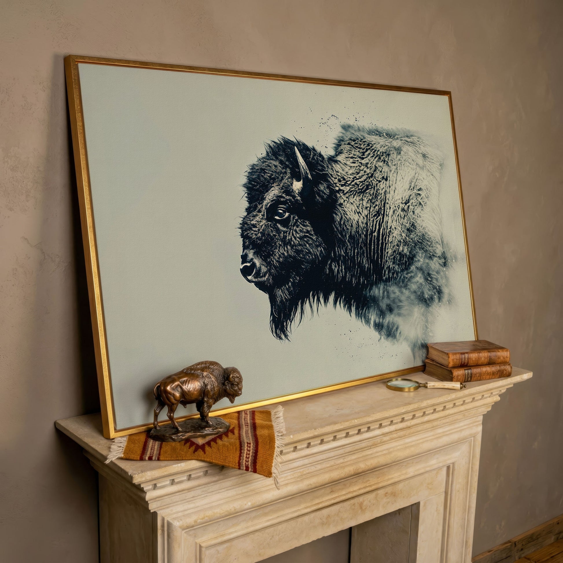 Bison Side Profile Canvas Print in Charcoal and Cream in rose gold floating frame