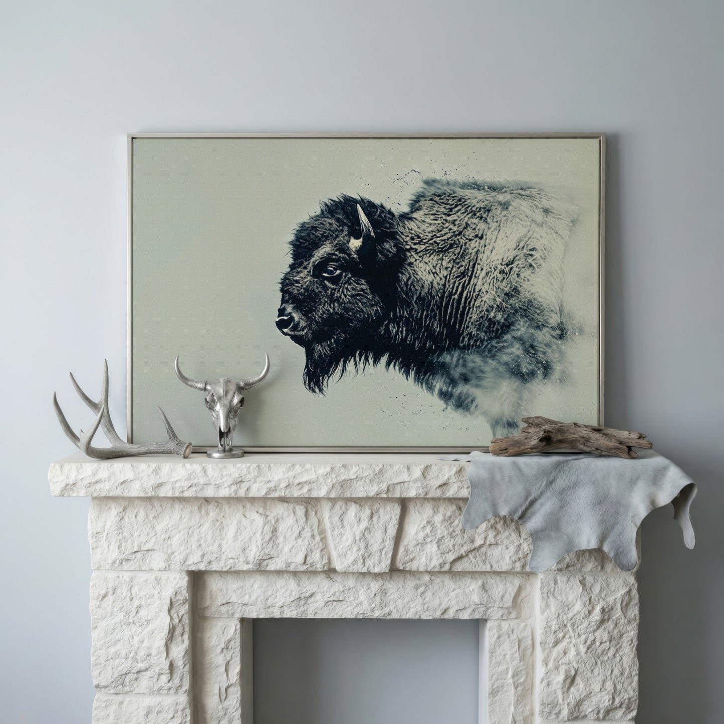 Bison Side Profile Canvas Print in Charcoal and Cream in silver floating frame