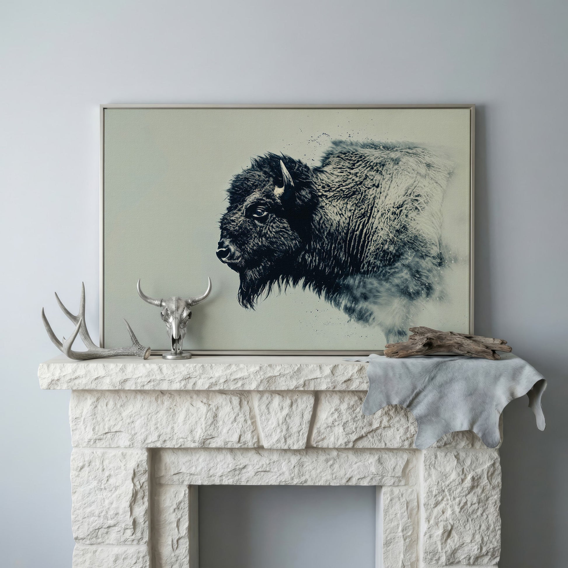 Bison Side Profile Canvas Print in Charcoal and Cream in silver floating frame