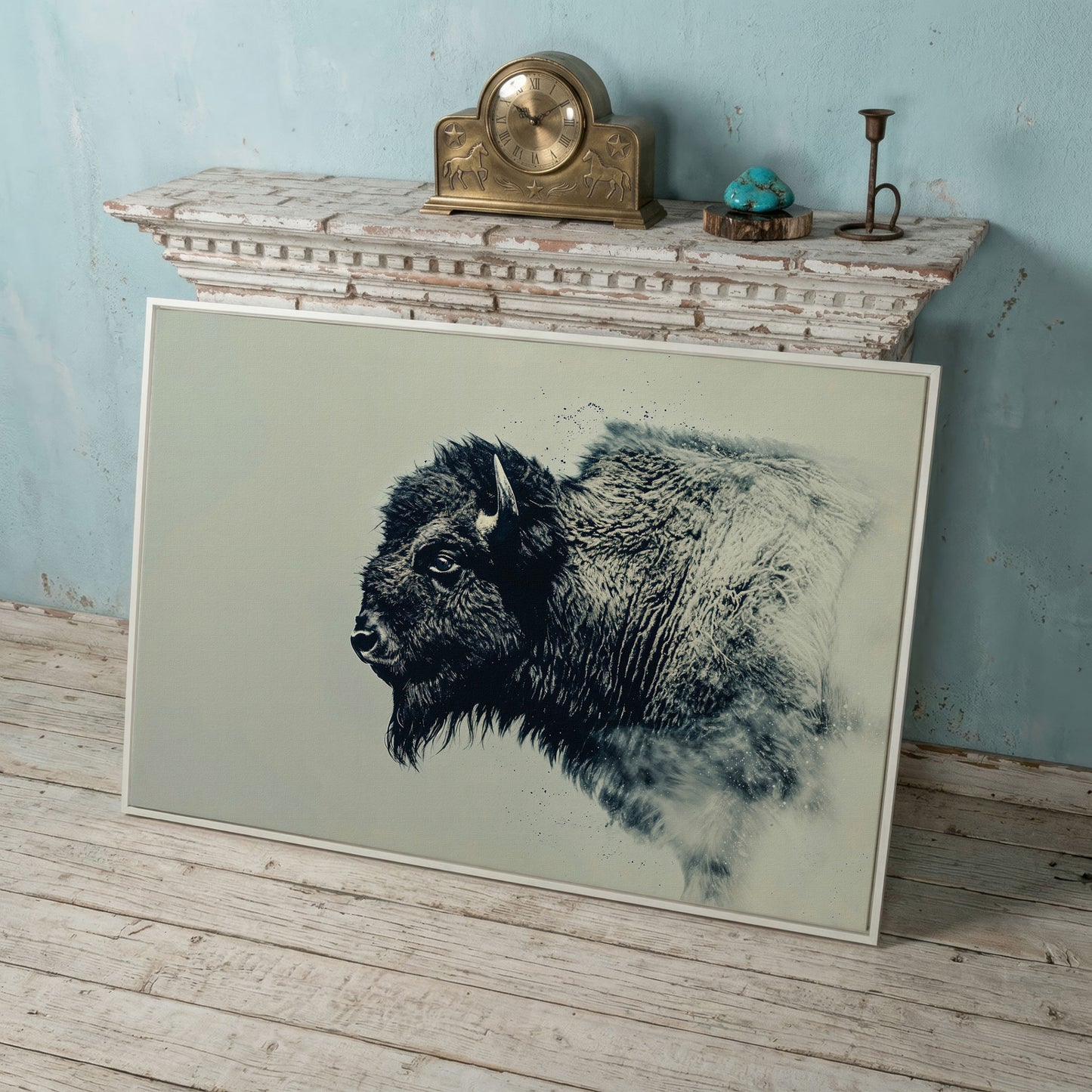Bison Side Profile Canvas Print in Charcoal and Cream in white floating frame