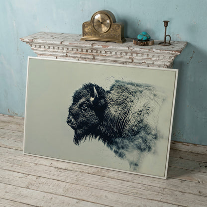 Bison Side Profile Canvas Print in Charcoal and Cream in white floating frame