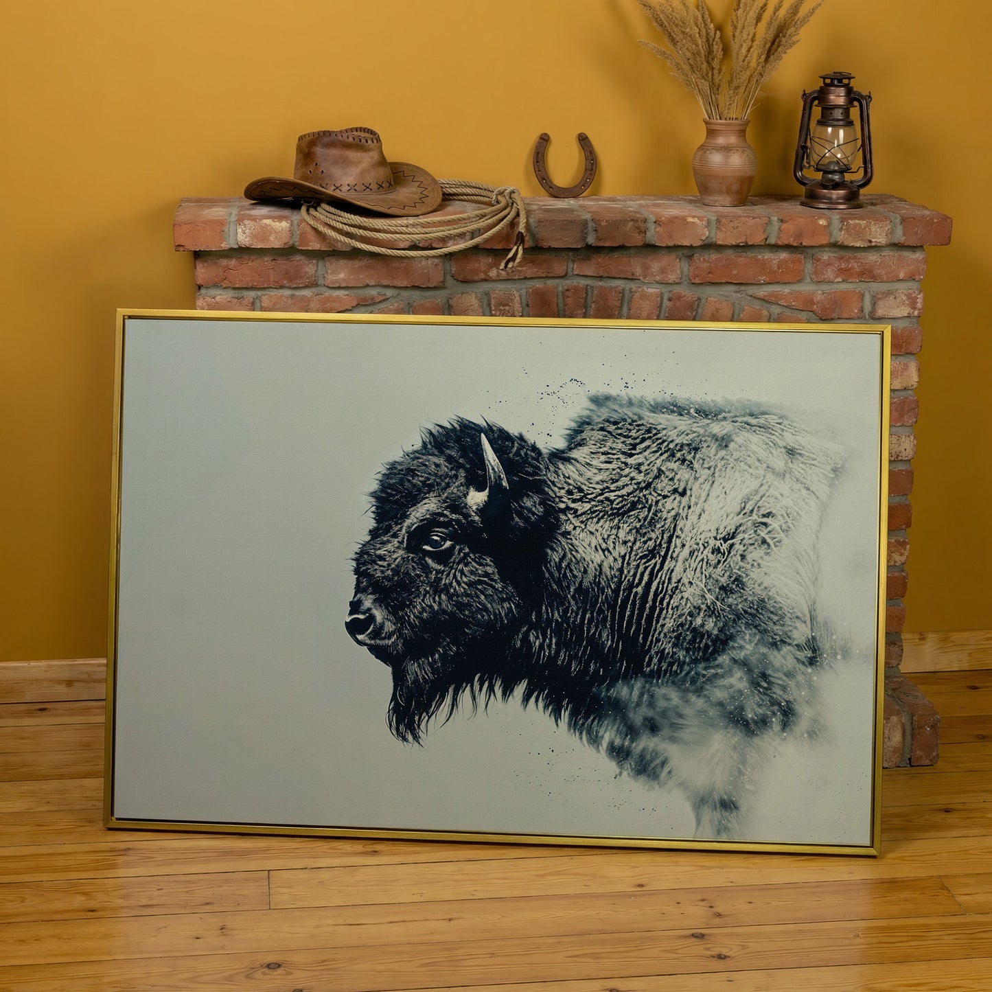 Bison Side Profile Canvas Print in Charcoal and Cream in yellow gold floating frame