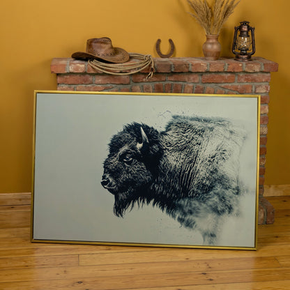 Bison Side Profile Canvas Print in Charcoal and Cream in yellow gold floating frame