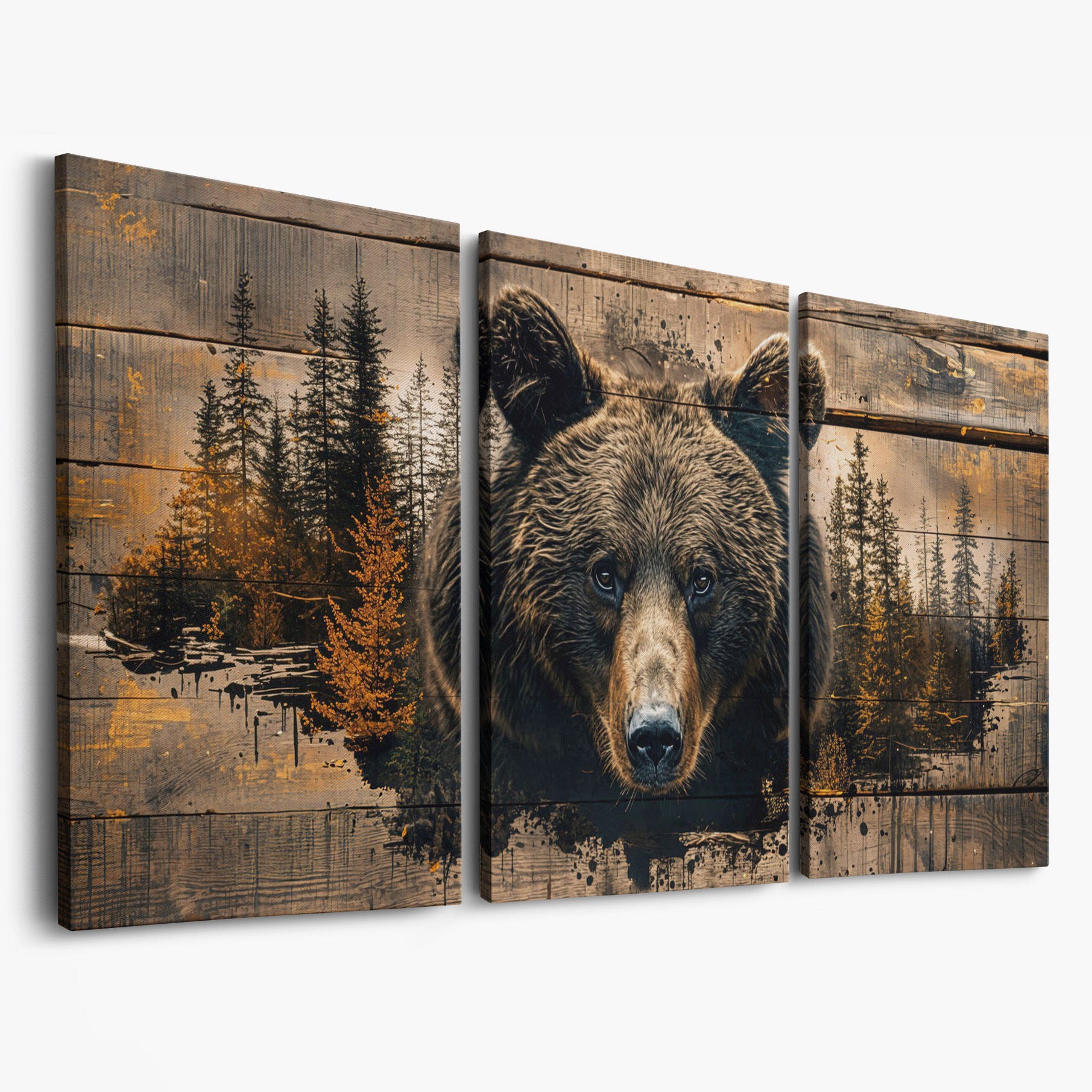 Mighty Brown Bear Woodland Canvas as 3-panel split version