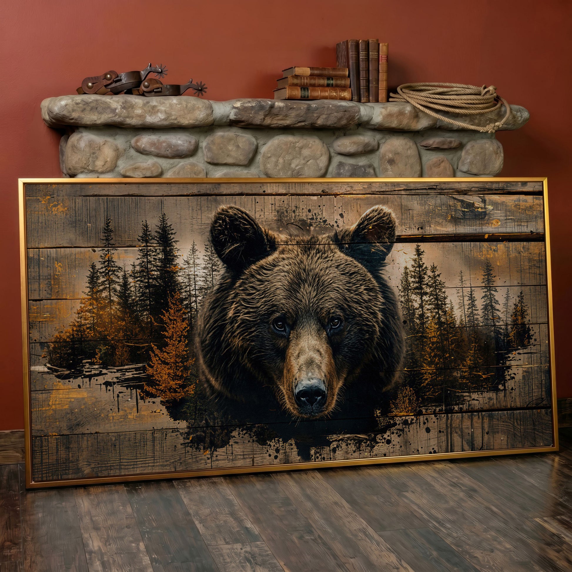 Mighty Brown Bear Woodland Canvas in antique gold floating frame