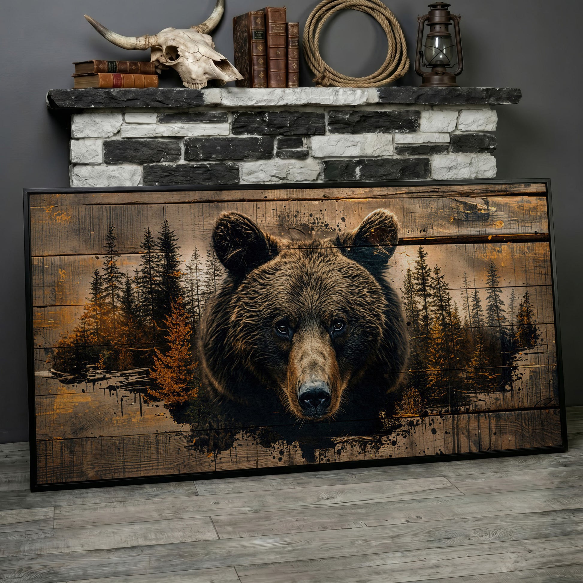 Mighty Brown Bear Woodland Canvas in black floating frame