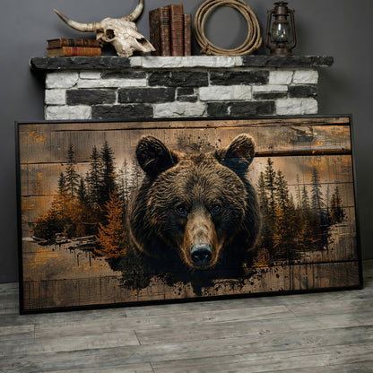 Mighty Brown Bear Woodland Canvas in black floating frame