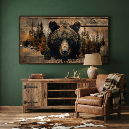 Mighty Brown Bear Woodland Canvas in dark walnut floating frame