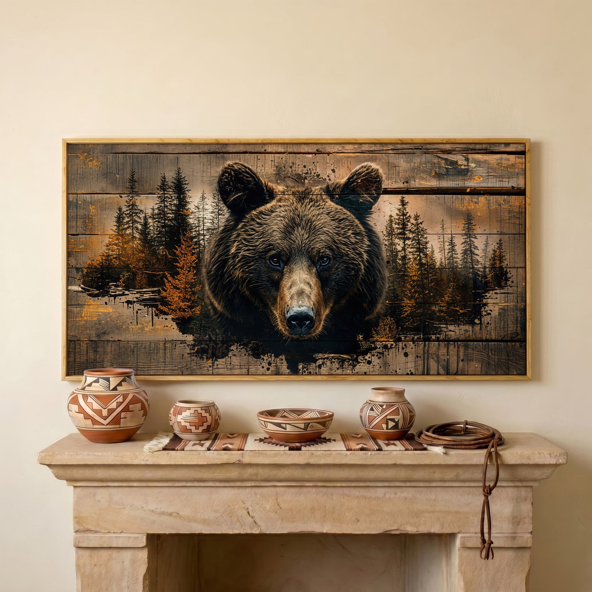 Mighty Brown Bear Woodland Canvas in white oak floating frame