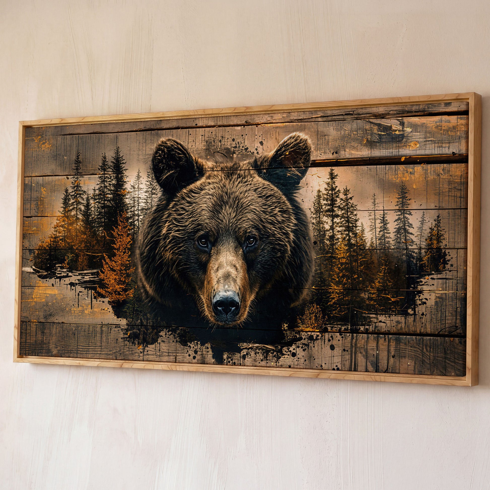 Mighty Brown Bear Woodland Canvas shown in white oak floating frame