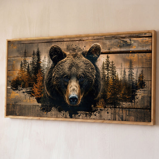 Mighty Brown Bear Woodland Canvas shown in white oak floating frame