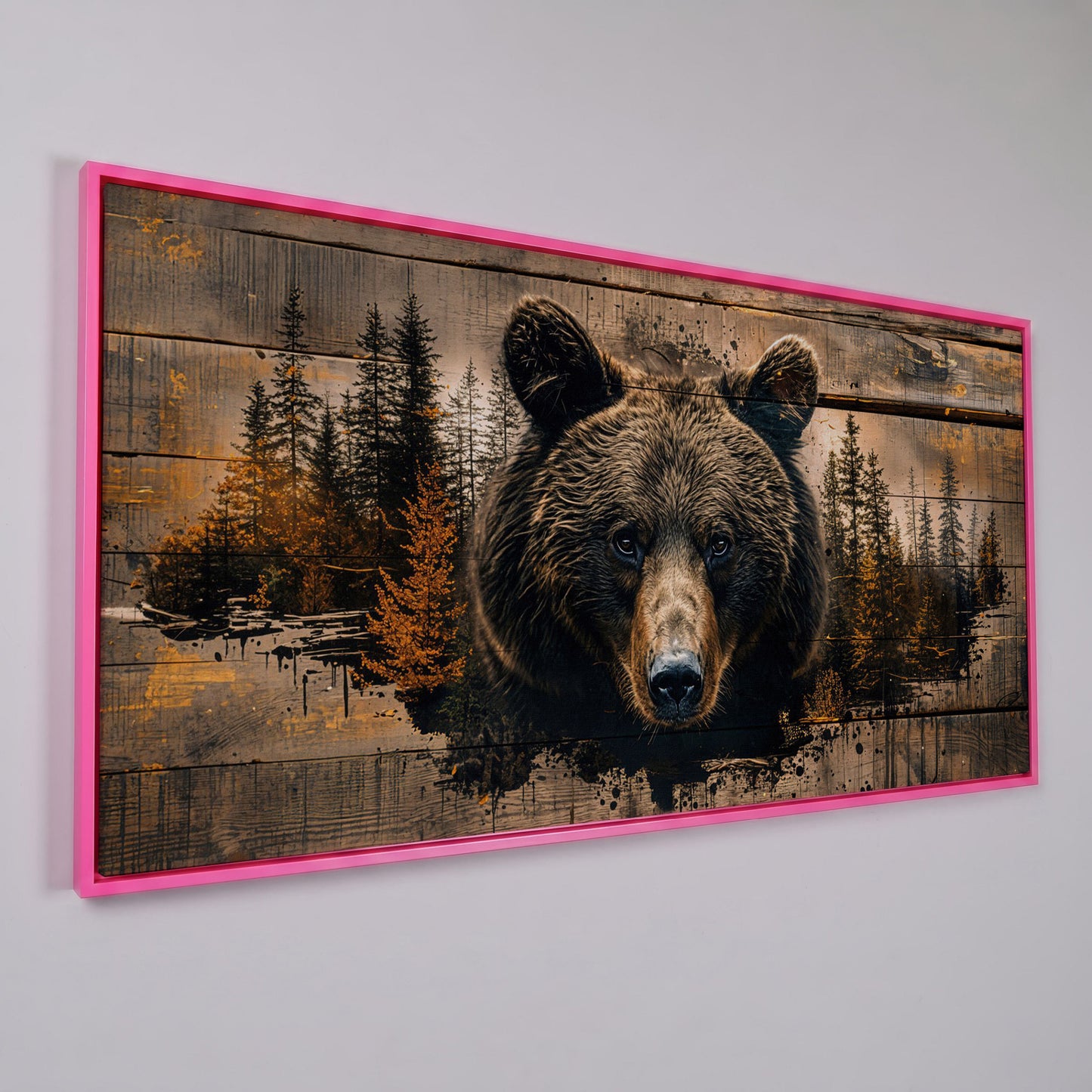 Mighty Brown Bear Woodland Canvas in pink floating frame