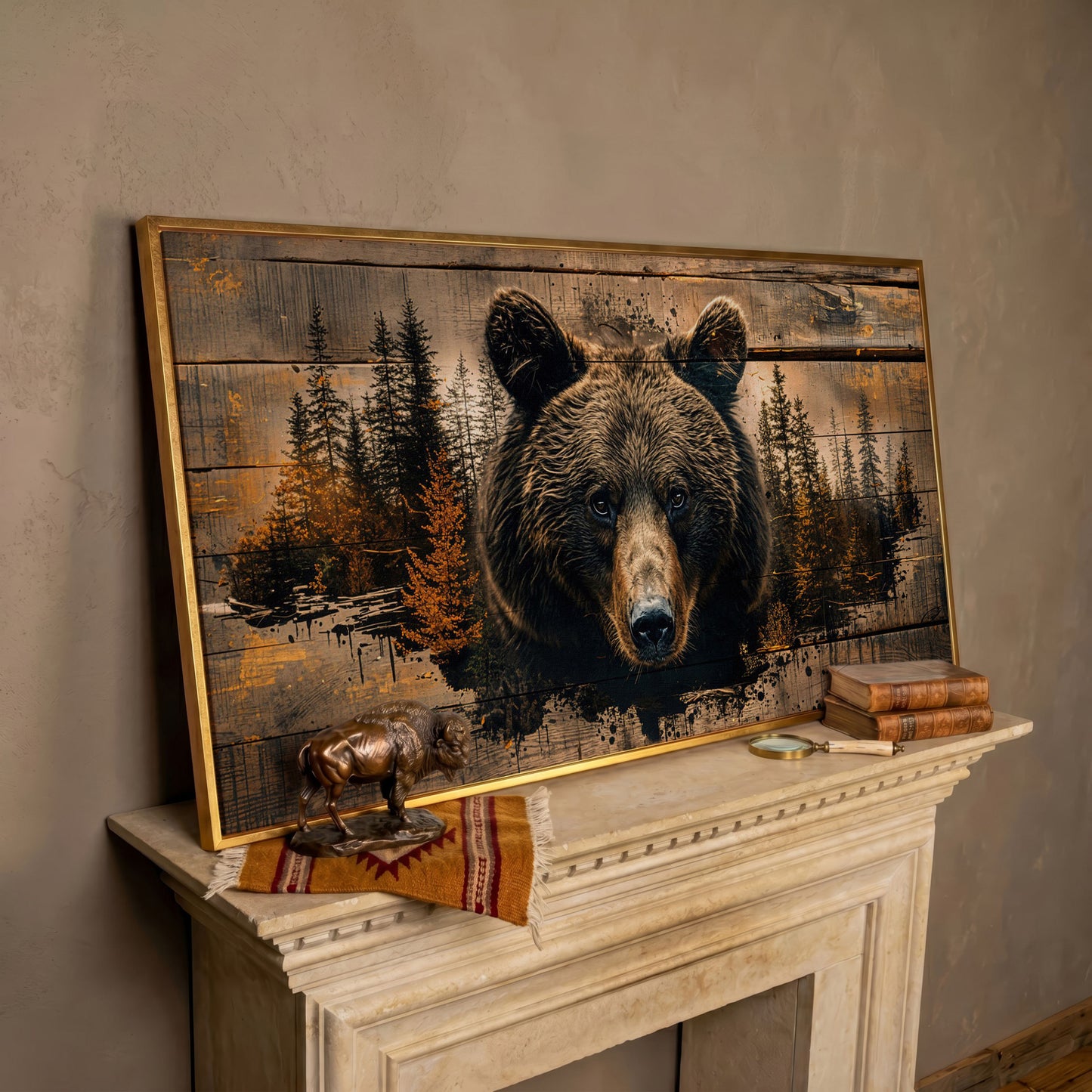 Mighty Brown Bear Woodland Canvas in rose gold floating frame
