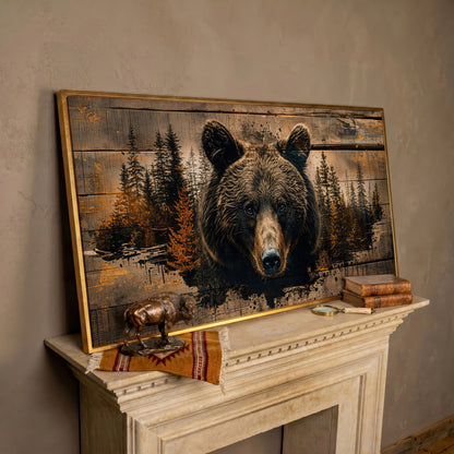Mighty Brown Bear Woodland Canvas in rose gold floating frame
