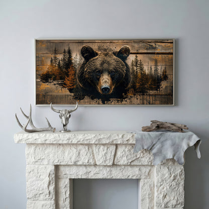 Mighty Brown Bear Woodland Canvas in silver floating frame