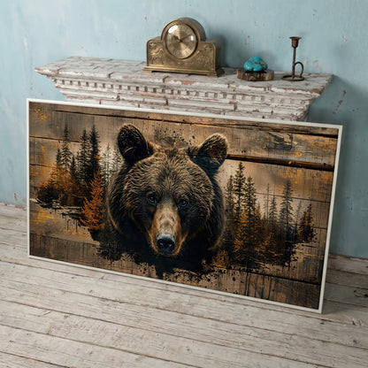 Mighty Brown Bear Woodland Canvas in white floating frame