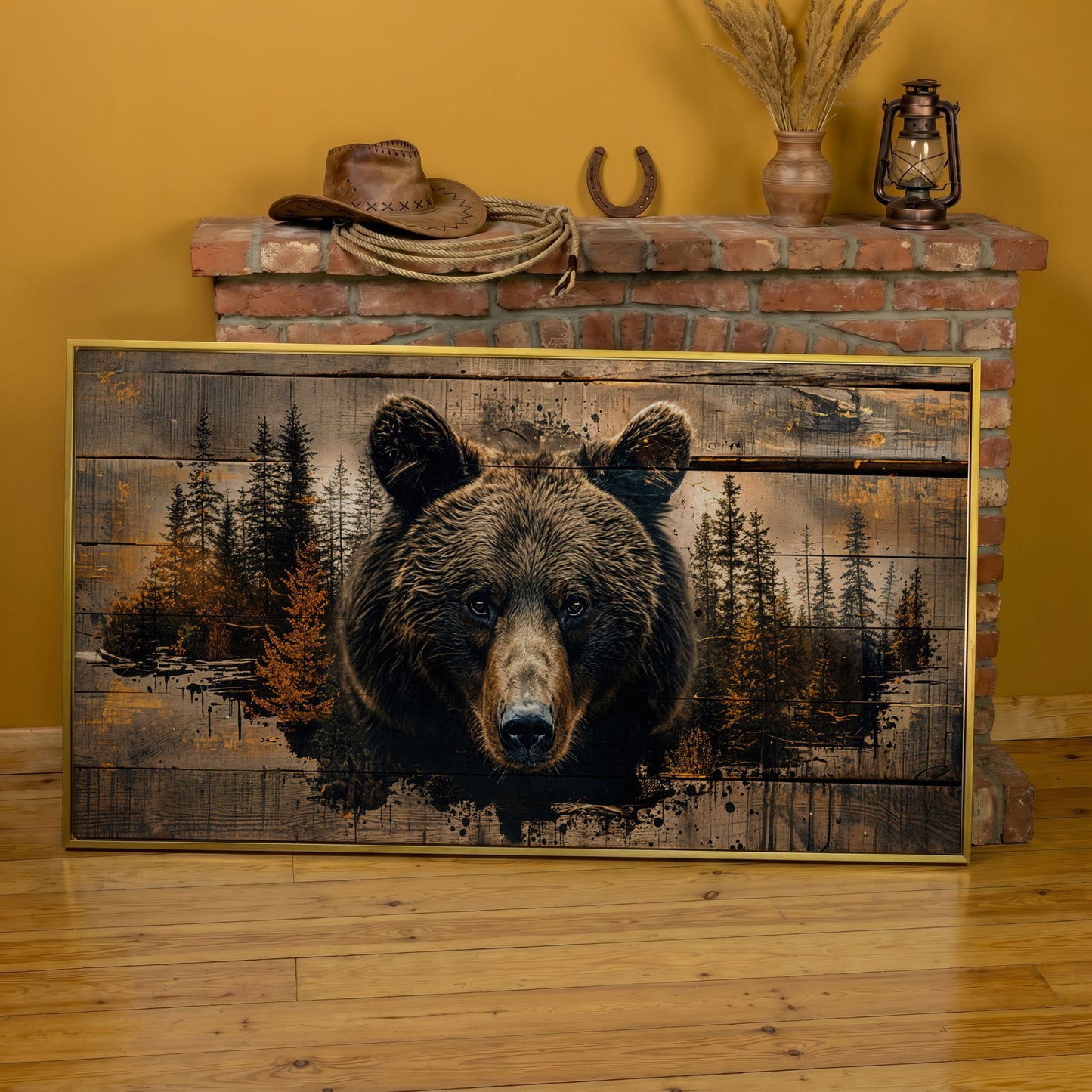 Mighty Brown Bear Woodland Canvas in yellow gold floating frame
