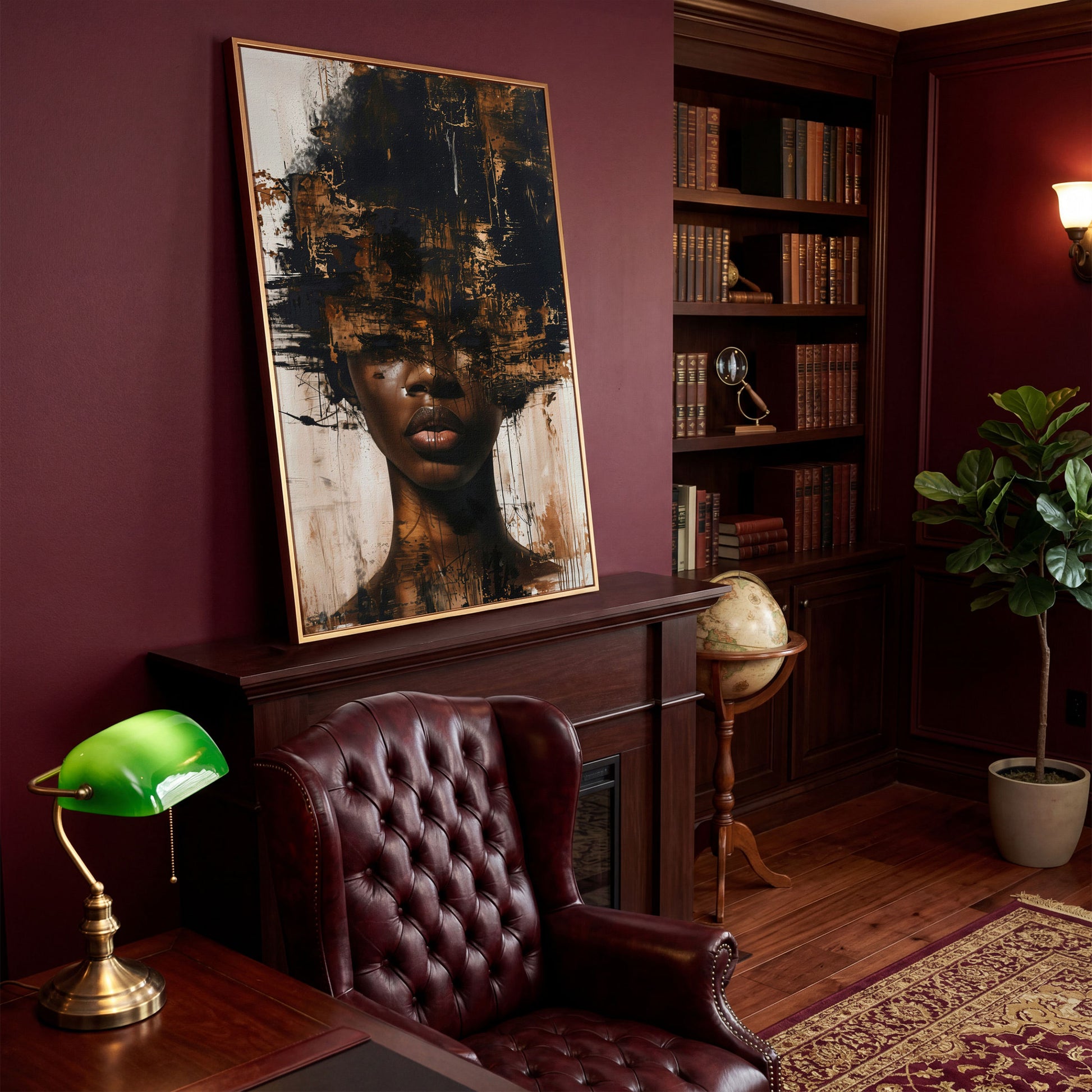 Abstract Portrait of a Black Woman with Afro. Expressive Canvas Art in antique gold floating frame