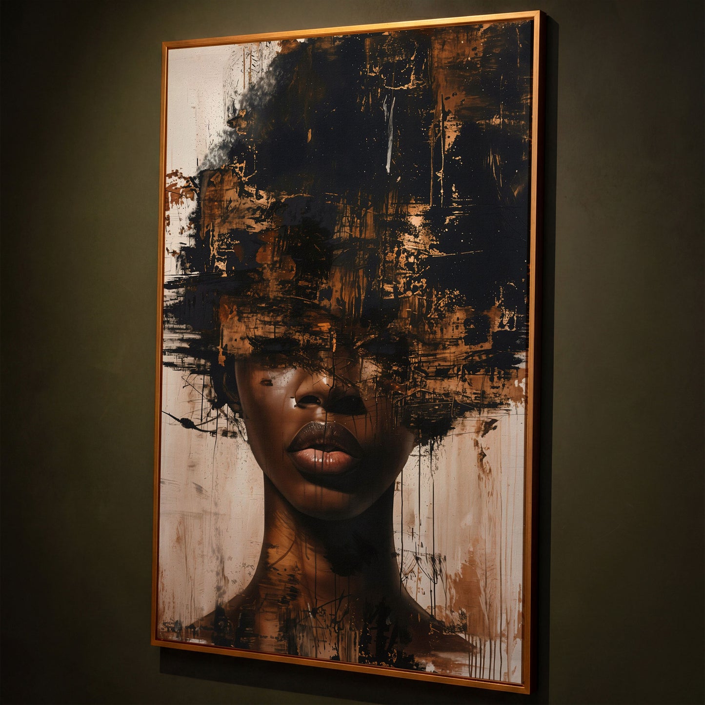 Abstract Portrait of a Black Woman with Afro. Expressive Canvas Art shown in antique gold floating frame