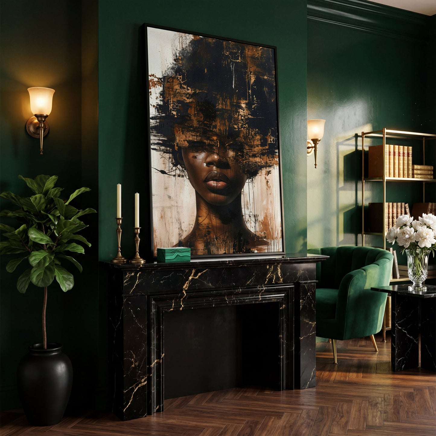 Abstract Portrait of a Black Woman with Afro. Expressive Canvas Art in black floating frame