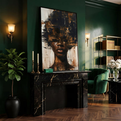 Abstract Portrait of a Black Woman with Afro. Expressive Canvas Art in black floating frame