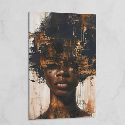 Abstract Portrait of a Black Woman with Afro. Expressive Canvas Art on gallery wrap