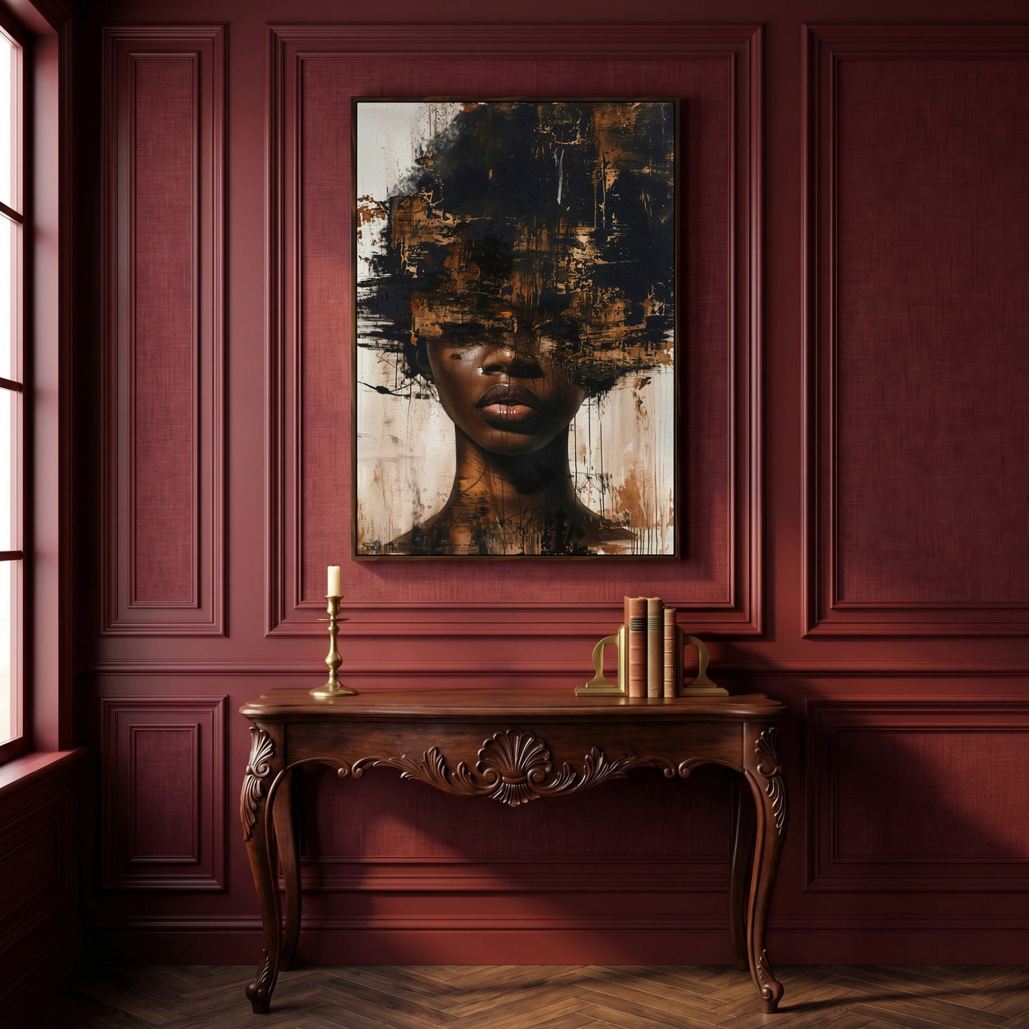 Abstract Portrait of a Black Woman with Afro. Expressive Canvas Art in dark walnut floating frame