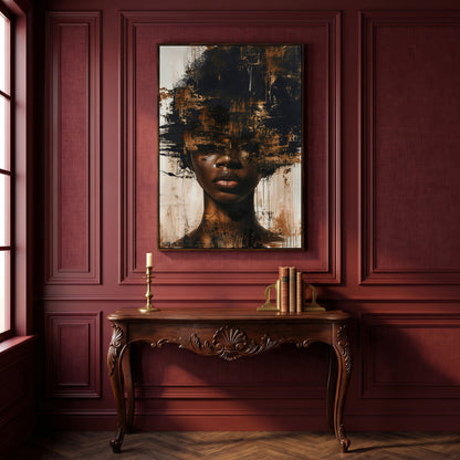 Abstract Portrait of a Black Woman with Afro. Expressive Canvas Art in dark walnut floating frame