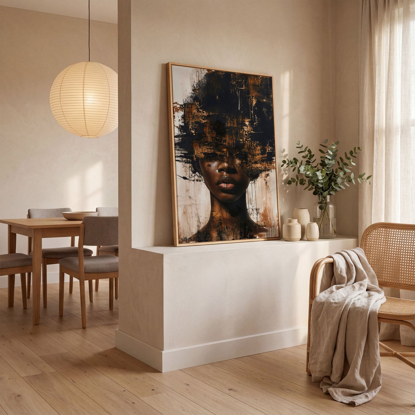 Abstract Portrait of a Black Woman with Afro. Expressive Canvas Art in white oak floating frame
