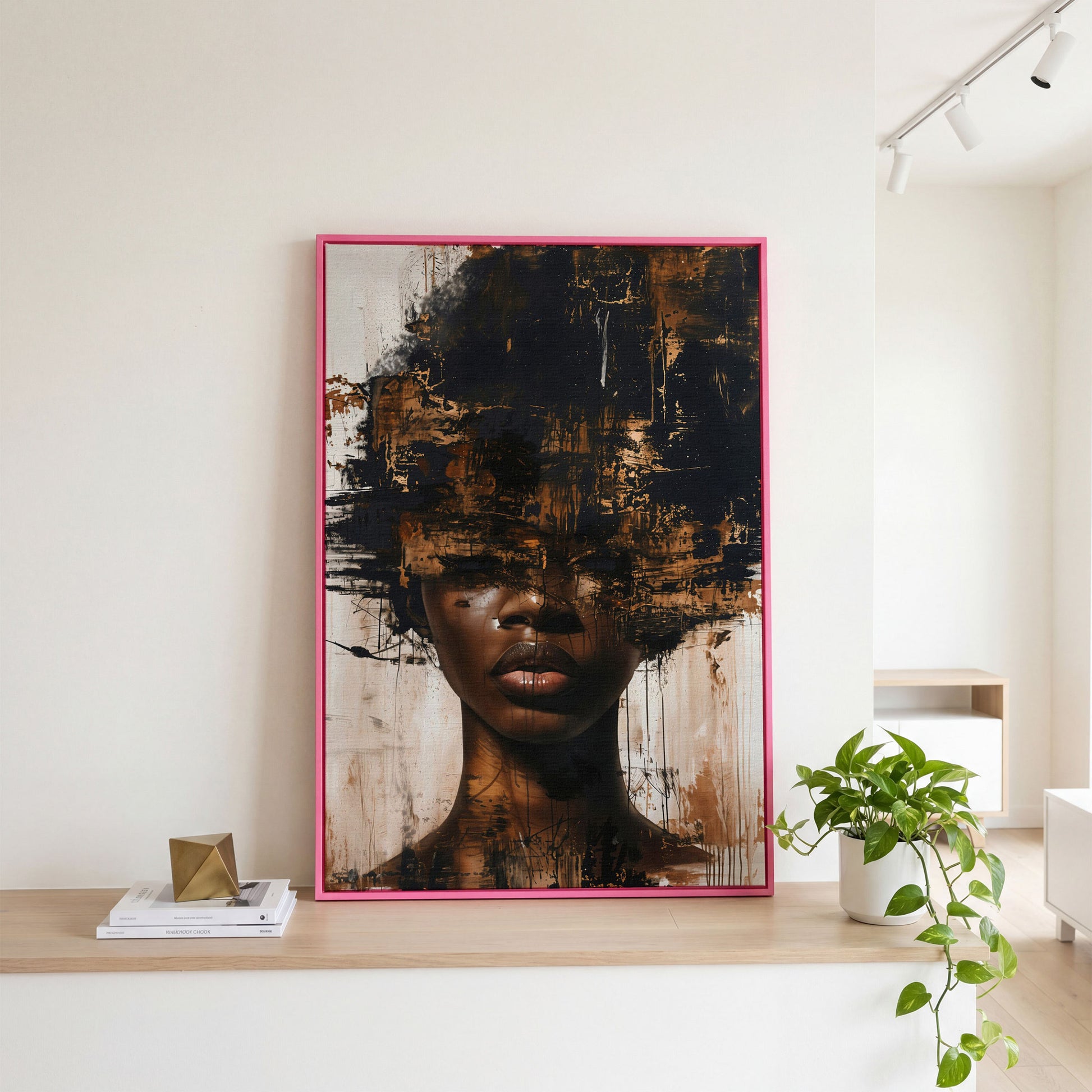 Abstract Portrait of a Black Woman with Afro. Expressive Canvas Art in pink floating frame