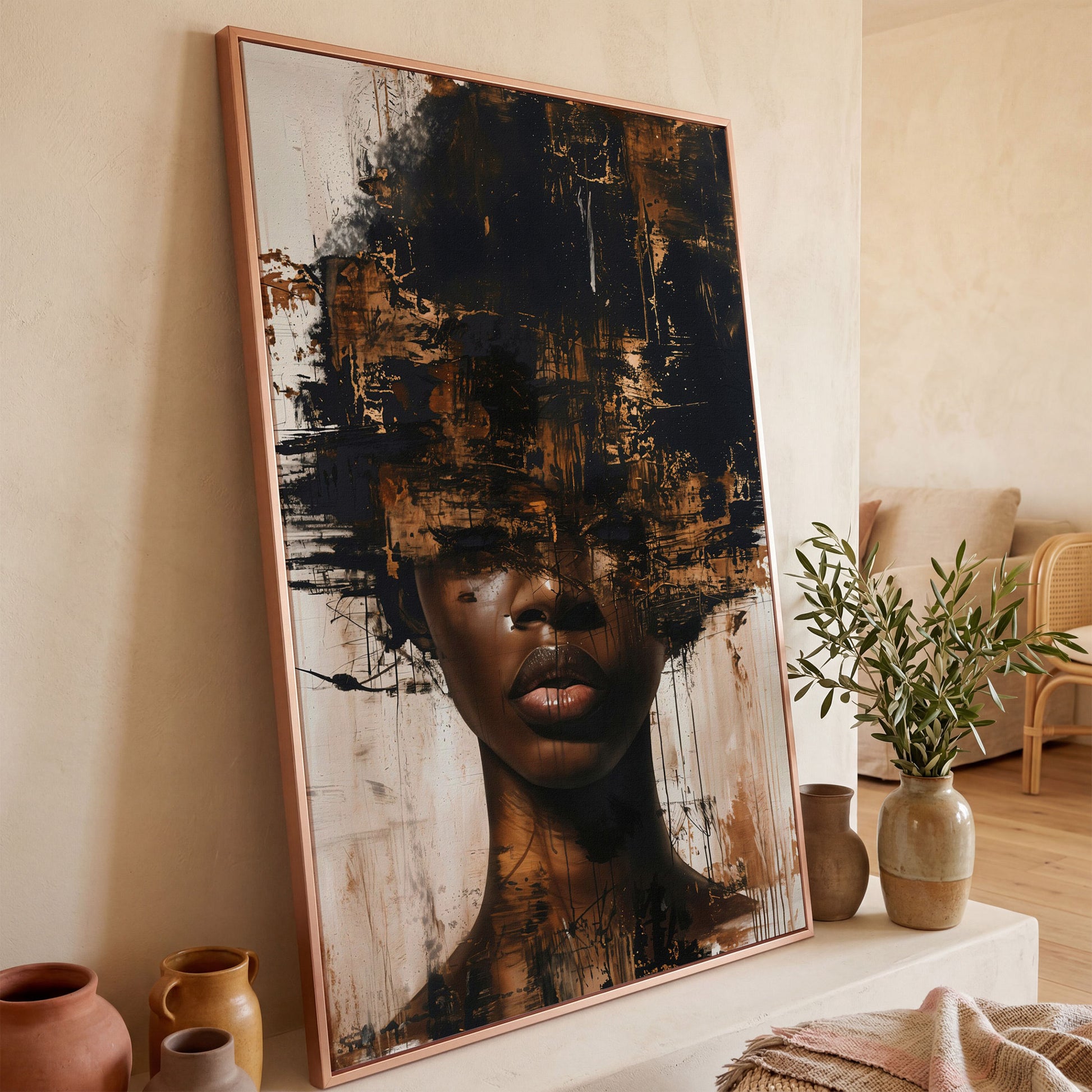 Abstract Portrait of a Black Woman with Afro. Expressive Canvas Art in rose gold floating frame