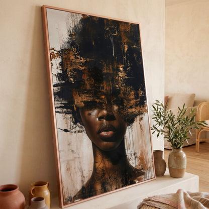 Abstract Portrait of a Black Woman with Afro. Expressive Canvas Art in rose gold floating frame