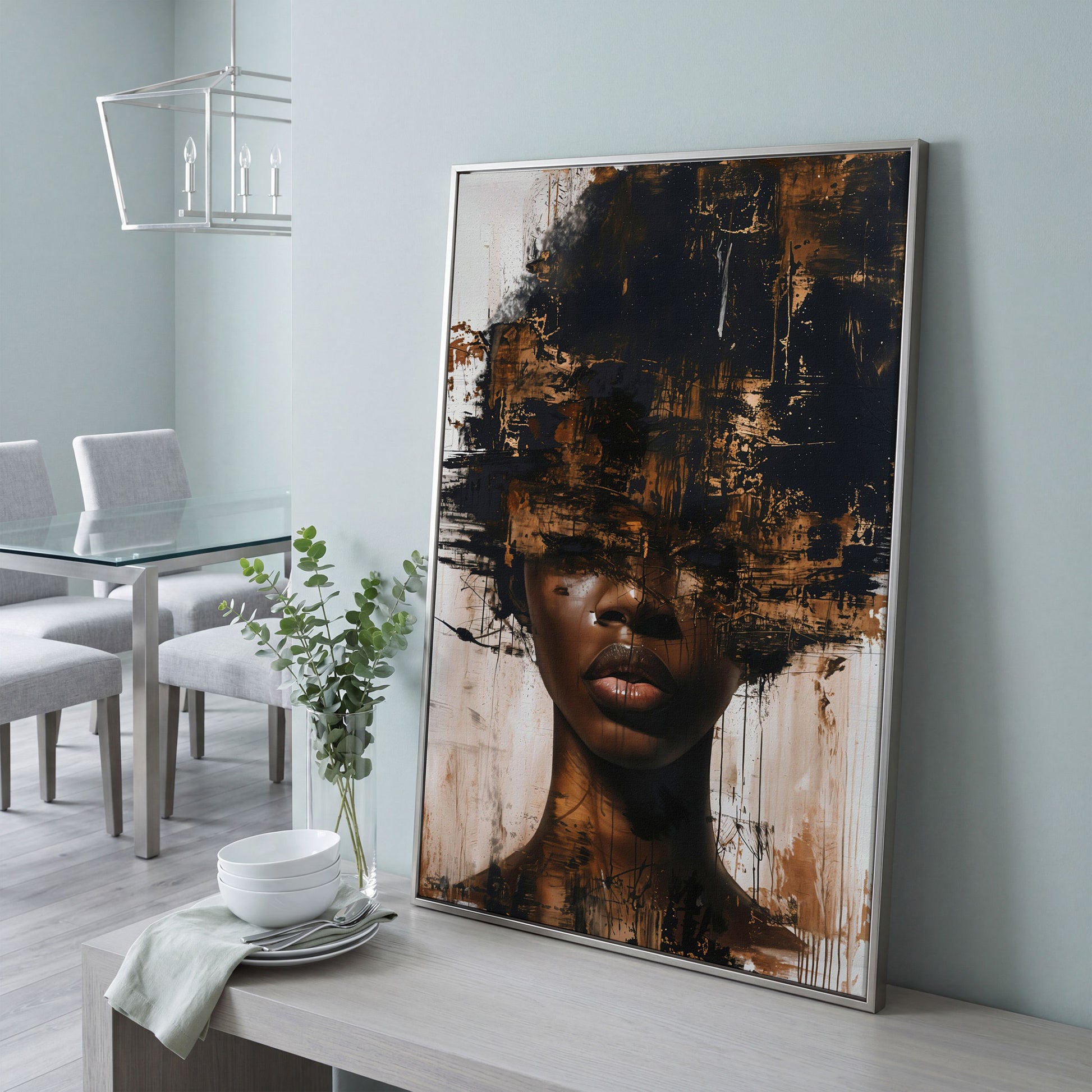 Abstract Portrait of a Black Woman with Afro. Expressive Canvas Art in silver floating frame