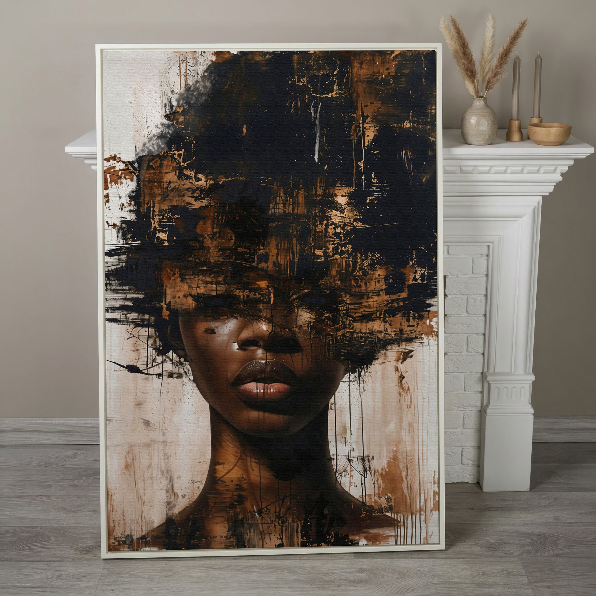 Abstract Portrait of a Black Woman with Afro. Expressive Canvas Art in white floating frame