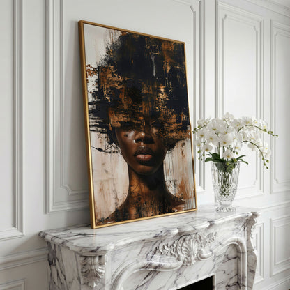 Abstract Portrait of a Black Woman with Afro. Expressive Canvas Art in yellow gold floating frame