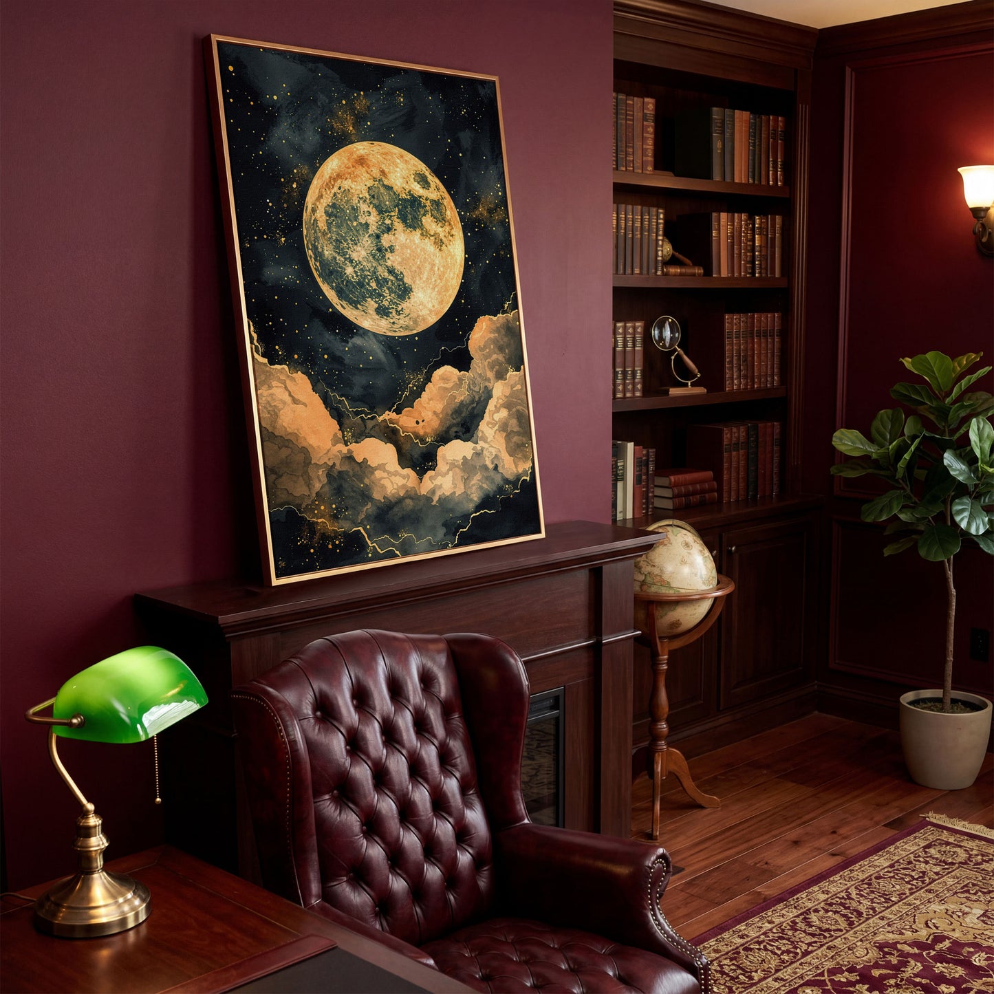 Full Moon and Starry Night Canvas Print in antique gold floating frame