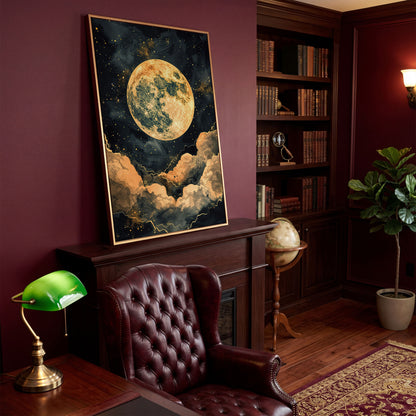 Full Moon and Starry Night Canvas Print in antique gold floating frame