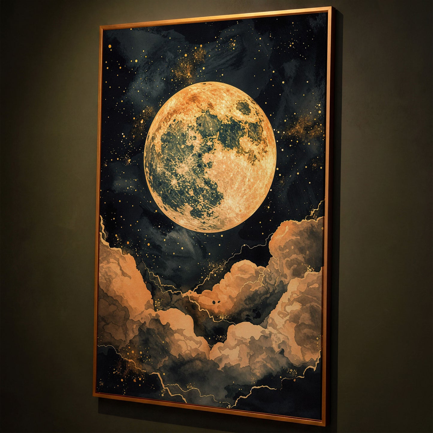 Full Moon and Starry Night Canvas Print shown in antique gold floating frame
