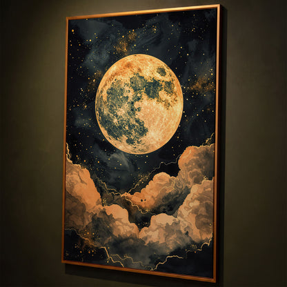 Full Moon and Starry Night Canvas Print shown in antique gold floating frame