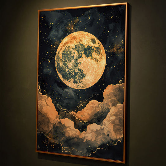 Full Moon and Starry Night Canvas Print shown in antique gold floating frame