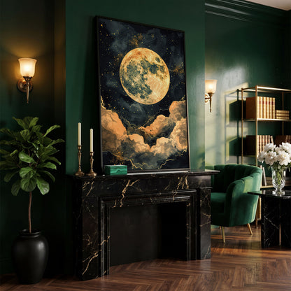 Full Moon and Starry Night Canvas Print in black floating frame